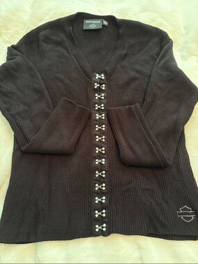 Harley-Davidson Black Ribbed Knit Cardigan with Silver Hook Closures Womens 2XL